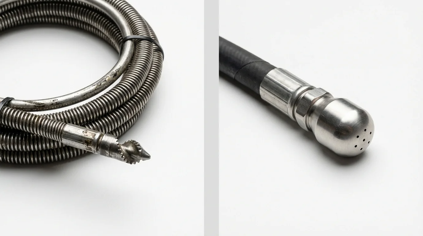 Drain snake cable and hydro jetting nozzle used for drain cleaning in Los Indios, TX