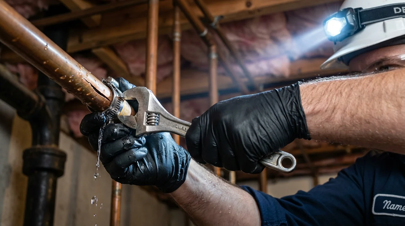 Emergency pipe clamp repair being performed by a Johns Plumbing LLC plumber in Los Indios