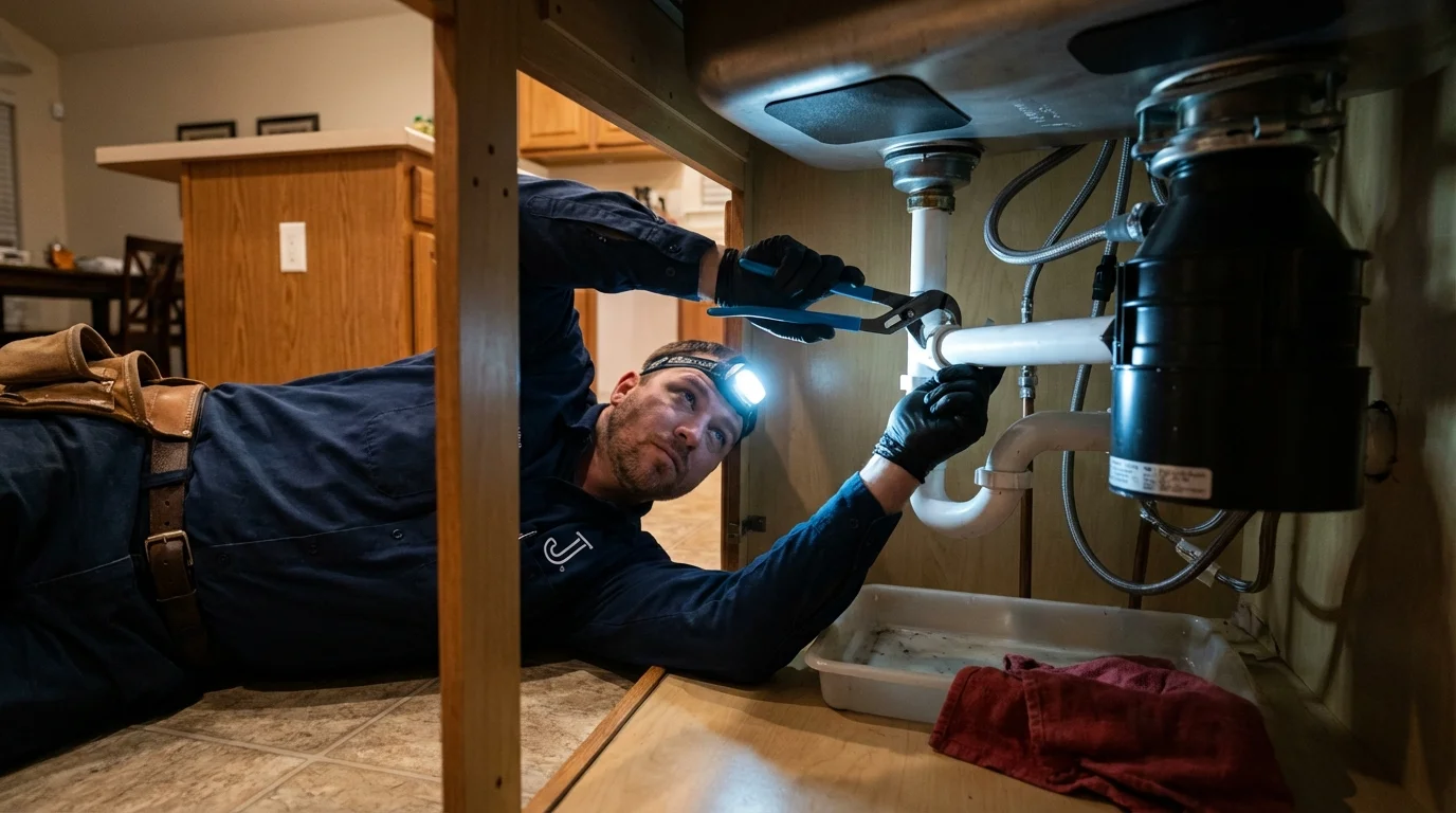 P-trap and supply line connections under a kitchen sink showing a common leak point in Los Indios, TX